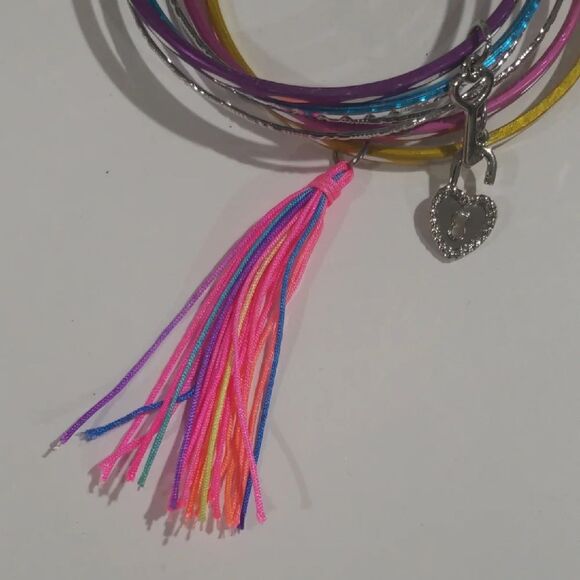 Boho Set of 6 Multicolor Bangle Bracelets w/ Tassel & Charms – Stackable, 7-inch - Picture 5 of 9